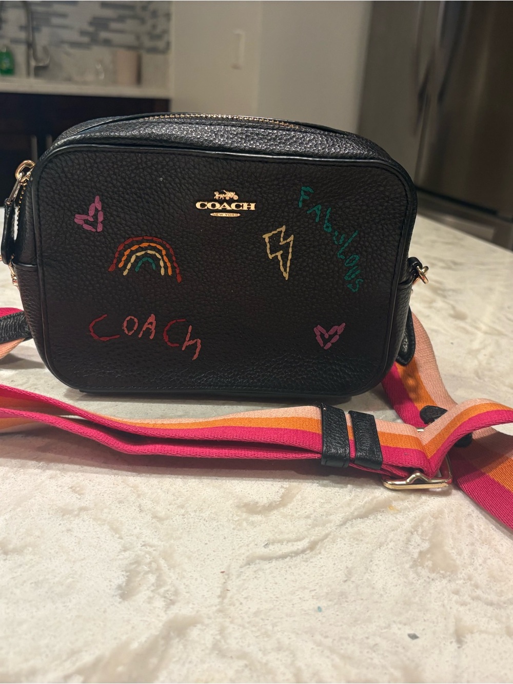 Coach Black Pebble Leather Crossbody with Colorful Graffiti and Striped Strap